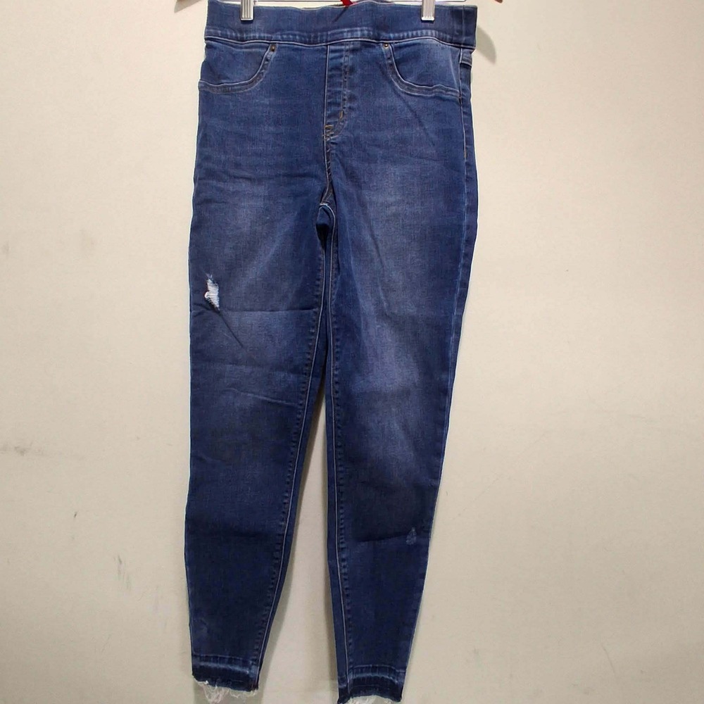 Spanx Jean-ish Distressed Skinny Leggings Medium Wash Raw Hem Blue Womens Medium